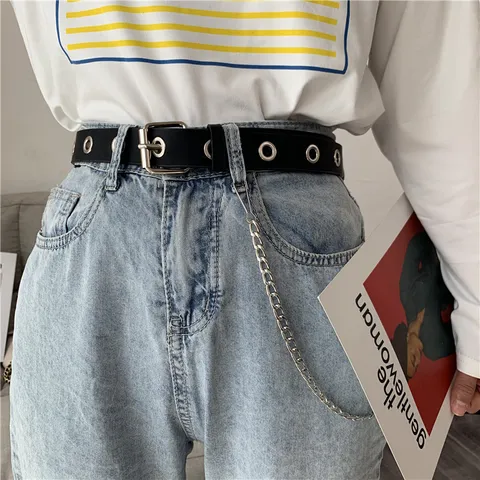 Women Fashion Punk Style Faux Leather Belt With Metal Eyelets And Chain Decoration Casual Waist Belt For Women