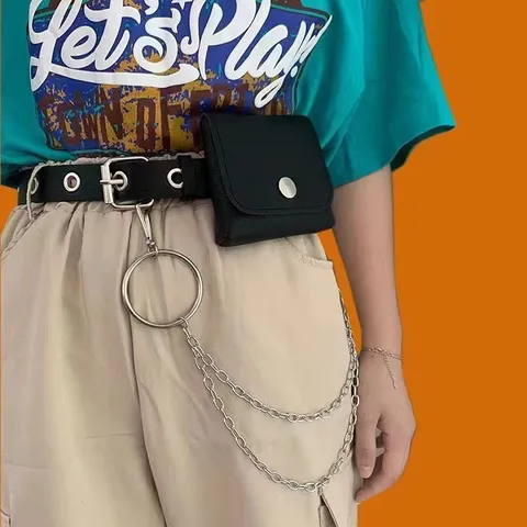 Punk Style PU Leather Belt With Chain And Mini Pouch Women Fashion Versatile Waist Belt Streetwear Decorative Pants Belt