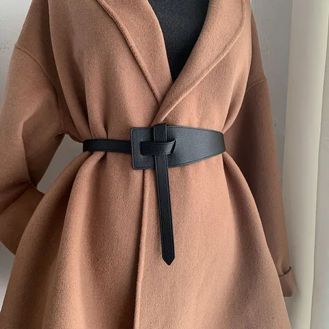 Women Fashion Faux Leather Wide Belt Minimalist Knotted Waist Cincher Retro Casual Dress Coat Waistband Accessories