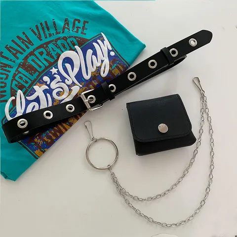 Punk Style PU Leather Belt With Chain And Mini Pouch Women Fashion Versatile Waist Belt Streetwear Decorative Pants Belt