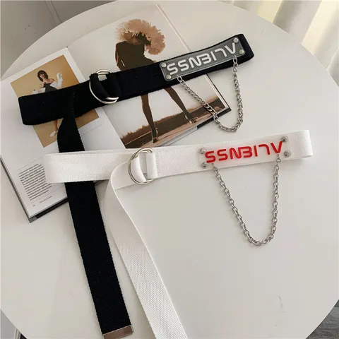 Trendy Canvas Belt For Women Men Double Ring Buckle Metal Chain Casual Waist Belt