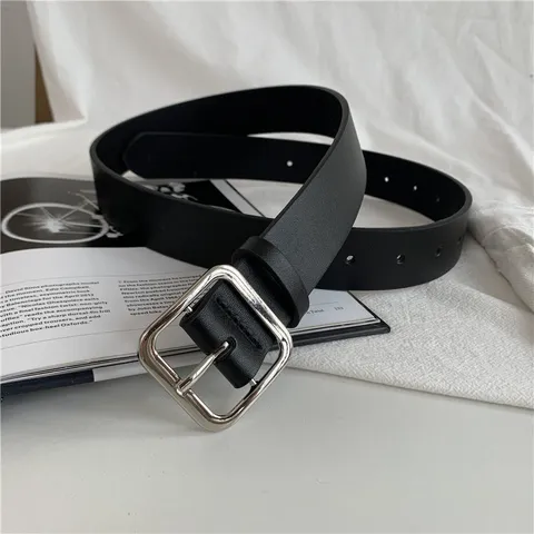 Women Fashion Casual Versatile PU Leather Belt Square Metal Buckle Waist Band Decorative Pants Belt