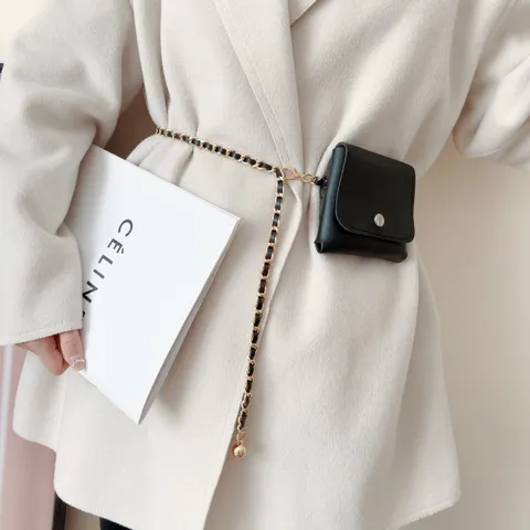 Women Fashion Metal PU Leather Woven Waist Chain Belt With Mini Pouch Versatile Decorative Waistband Accessory