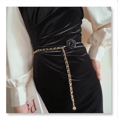 Women Fashion Waist Chain Metal Chain Camellia Belt Elegant Dress Jeans Decorative Waistband Sweet Jewelry