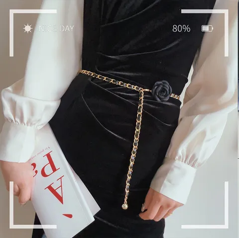 Women Fashion Waist Chain Metal Chain Camellia Belt Elegant Dress Jeans Decorative Waistband Sweet Jewelry