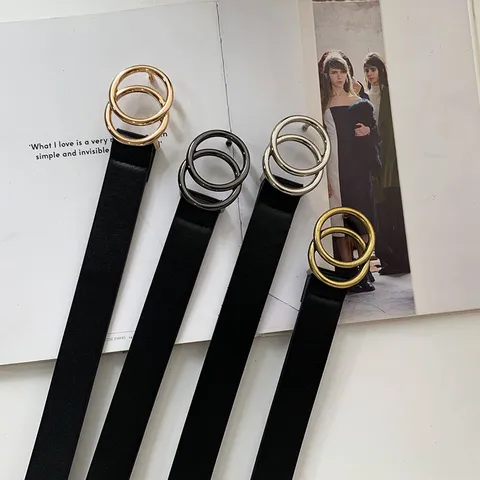 Vintage Faux Leather Belt For Women Men Double Round Ring Buckle Adjustable Casual Waist Belt INS Style Black Belt