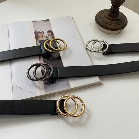 Vintage Faux Leather Belt For Women Men Double Round Ring Buckle Adjustable Casual Waist Belt INS Style Black Belt