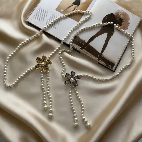 Chic Women Elegant Pearl Waist Chain Artificial Pearl Acrylic Metal Flower Tassels Adjustable Dress Belt Jewelry