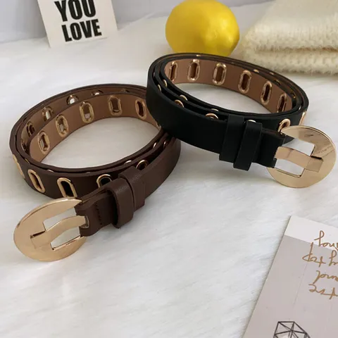 Women's Casual Versatile Faux Leather Belt Fashion Pin Buckle Waist Belt With Full Holes Decorative Pants Belt