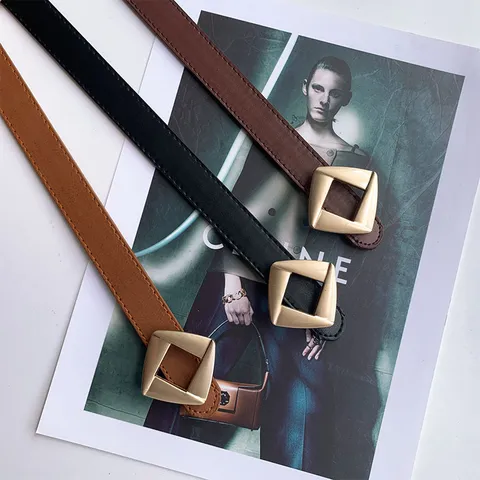 Women's PU Leather Belt Minimalist Geometric Diamond Alloy Buckle Casual Versatile Waist Strap Fashion Accessories