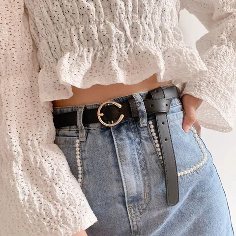 Women's Fashion Minimalist PU Leather Belt Casual Versatile Waist Band With Round Gold Alloy Pin Buckle For Jeans Pants
