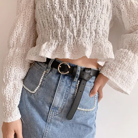 Women's Fashion Minimalist PU Leather Belt Casual Versatile Waist Band With Round Gold Alloy Pin Buckle For Jeans Pants
