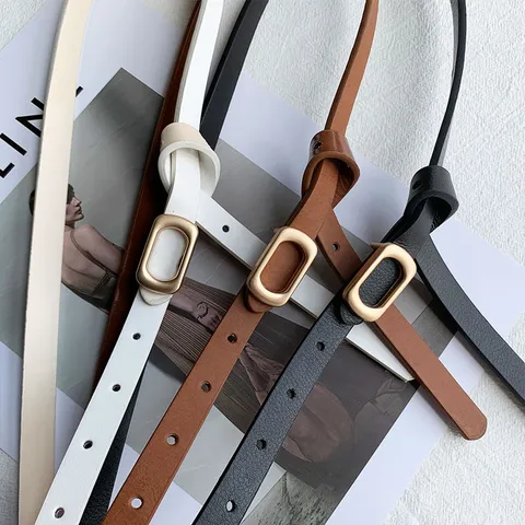 Women Minimalist Faux Leather Thin Belt Solid Color Gold Alloy Buckle Casual Dress Pants Waist Belt Fashion Accessories