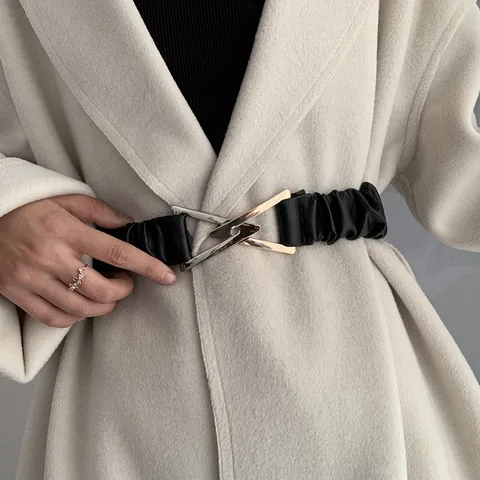 Women Fashion Elastic Wide Belt With Triangle Buckle Simple Versatile Stretch Faux Leather Dress Waist Belt