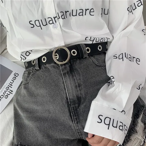 Women Casual PU Leather Belt Metal Round Pin Buckle Full Holes Decorative Waist Belt For Jeans Pants Fashion Accessories