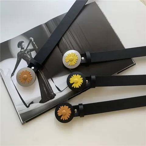 Women Fashion Casual Faux Leather Belt Cute Daisy Flower Metal Buckle Versatile Waist Belt Retro Pants Belt