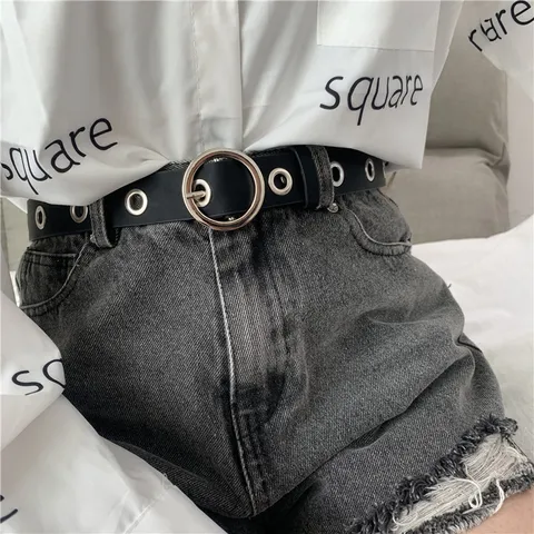 Women Casual PU Leather Belt Metal Round Pin Buckle Full Holes Decorative Waist Belt For Jeans Pants Fashion Accessories