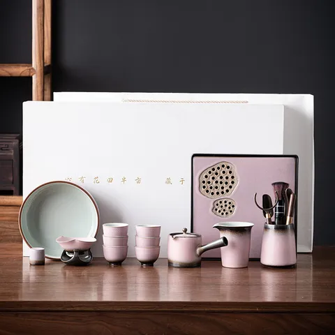 Neues Chinesisches Keramik Kung Fu Tee Set Ofenverwandelt Verlauf Rosa Teekanne Teetassen Set Mit Teetablett Geschenkbox Für Wohnzimmer Büro Bewirtung