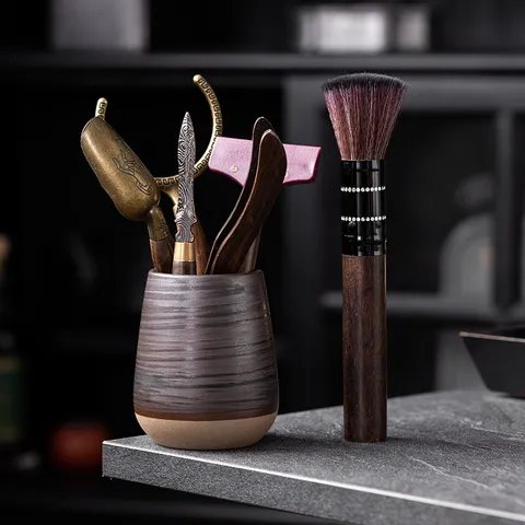 Traditional Kung Fu Tea Ceremony Six Gentlemen Set Ceramic Tea Tool Storage Tube Wood Metal Tea Clip Scraper Knife Brush Set