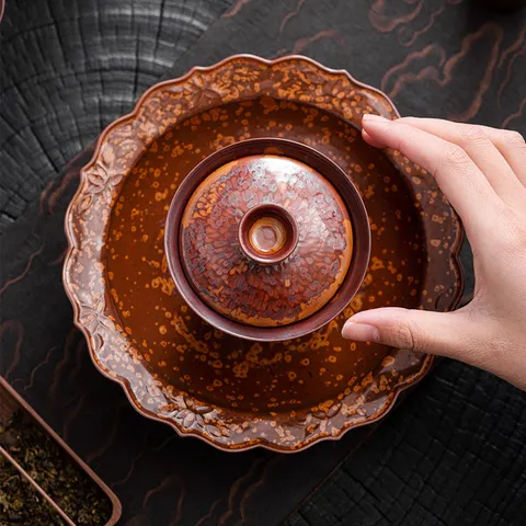 Support de Théière en Céramique Pétale Marron Glaçure au Four Accessoires de Thé Kung Fu Décoration de Table Vintage Résistante