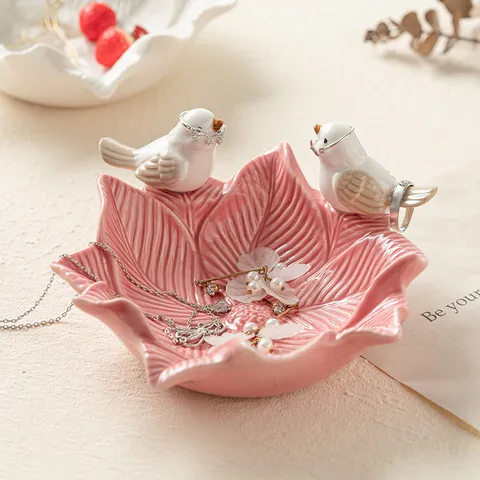 Nordische Keramik Blatt Aufbewahrungsschale Mit Süßen Vögeln Ornament Tisch Schmuck Schlüssel Organizer Dekorative Dekoplplatte