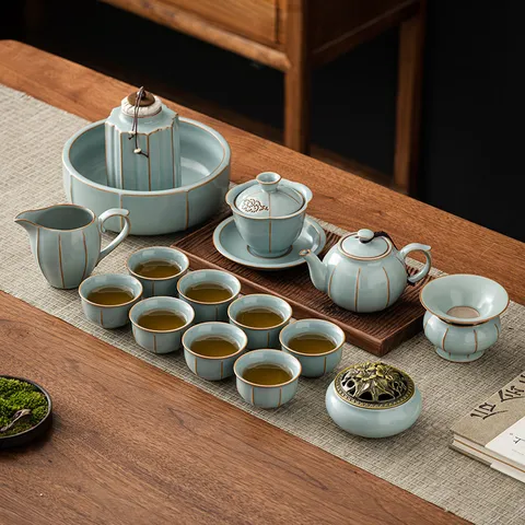Service à Thé Kung Fu en Porcelaine Céladon Ru Kiln Avec Théière Gaiwan Tasses Boîte Cadeau pour Maison Bureau Cérémonie Thé