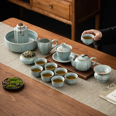 Service à Thé Kung Fu en Porcelaine Céladon Ru Kiln Avec Théière Gaiwan Tasses Boîte Cadeau pour Maison Bureau Cérémonie Thé