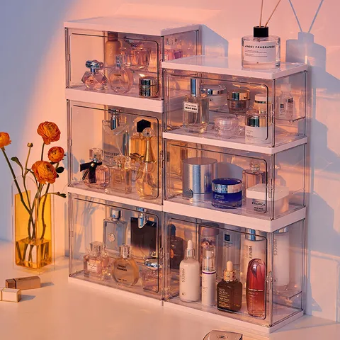 Scatola Portaoggetti Cosmetica in PET Trasparente Espositore per Profumo da Scrivania Antipolvere Organizer Impilabile Multistrato