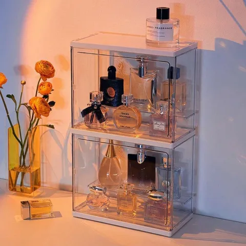 Scatola Portaoggetti Cosmetica in PET Trasparente Espositore per Profumo da Scrivania Antipolvere Organizer Impilabile Multistrato