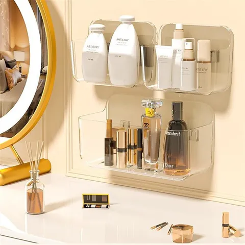 Transparent Plastic Wall Mounted Bathroom Storage Rack Punch Free Acrylic Hanging Shelf Organizer For Home Kitchen