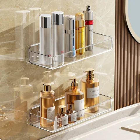 Wall Mounted Bathroom Storage Rack Clear Plastic Punch Free Cosmetics Organizer Shower Shelf