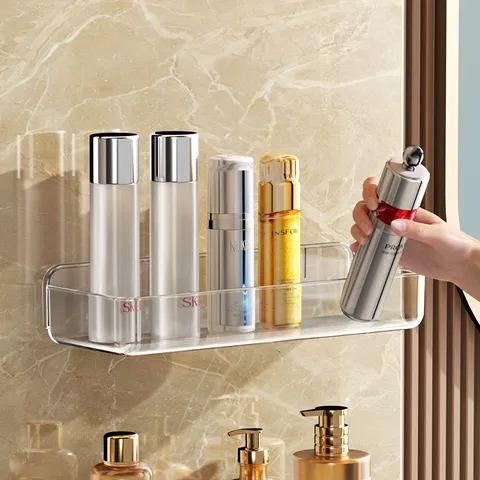 Wall Mounted Bathroom Storage Rack Clear Plastic Punch Free Cosmetics Organizer Shower Shelf