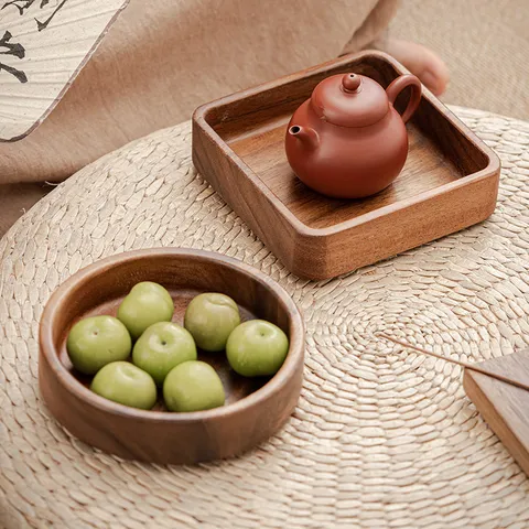 Assiette à Snack en Bois de Noyer Style Japonais Plateau de Service Créatif Rond Carré pour Cérémonie du Thé