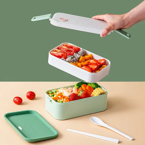 Japanese Style Microwaveable Plastic Lunch Box Double Layer Portable Bento Box With Bag For Office School