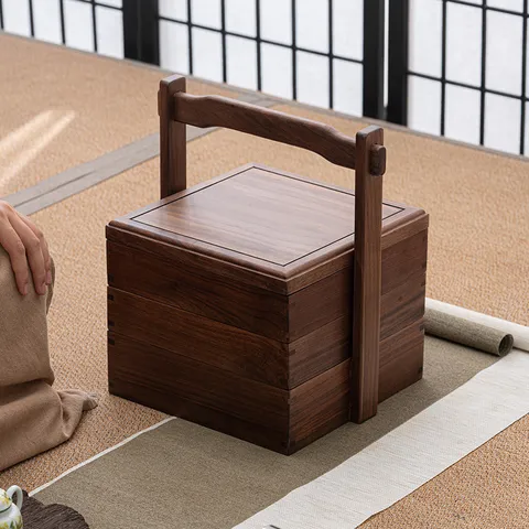 Minimalist Black Walnut Wood Carrying Box Multilayer Tea Food Storage Box Chinese Style Solid Wood Handheld Tea Ornament