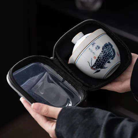 Chinese Ceramic Travel Tea Set Portable Quick Cup Teapot And Cups Package For Outdoor Camping Retro Style Traditional Tea Maker With Storage Pouch