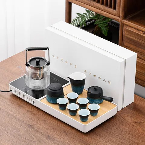 Set da Tè Gongfu Automatico Moderno Con Bollitore Elettrico in Vetro Vassoio da Tè in Bambù Tazza in Ceramica Accessori Ufficio Casa