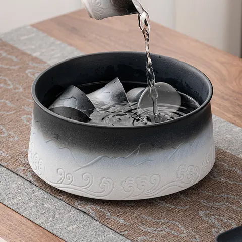 Japanese Zen Style Ceramic Tea Wash Basin Large Gradient Relief Sea Wave Landscape Pattern Tea Dregs Basin Tea Accessory