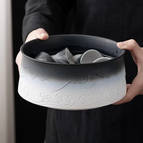 Japanese Zen Style Ceramic Tea Wash Basin Large Gradient Relief Sea Wave Landscape Pattern Tea Dregs Basin Tea Accessory