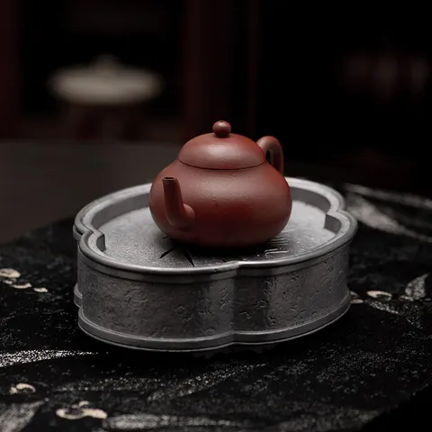 Vintage Chinese Tin Alloy Teapot Stand Bamboo Pattern Relief Carving Hand Hammered Water Storage Drainage Gongfu Tea Tray Base