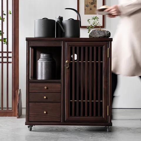 Chinese Style Walnut Wood Mobile Tea Cart Serving Table Solid Wood Tea Water Cabinet Sideboard With Universal Wheels Storage Furniture For Home Living Room