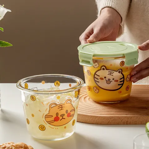 Contenitore per Alimenti in Vetro con Tigre dei Cartoni Animati Con Coperchio Vetro Resistente al Calore Ciotola per Zuppa per Casa Ufficio