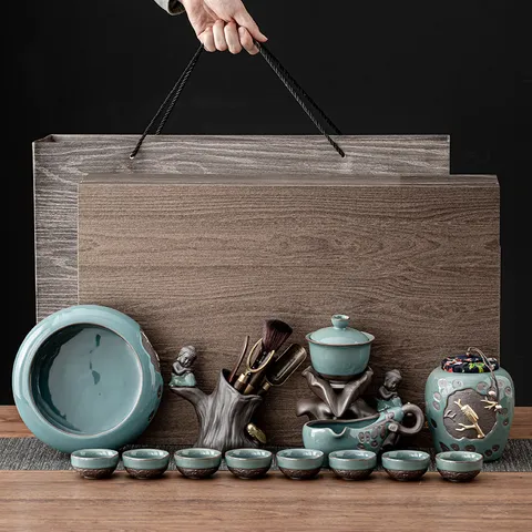 Ceramic Rotating Automatic Tea Maker With Ge Kiln Porcelain Teapot Cups For Home Office Retro Chinese Gongfu Teaware