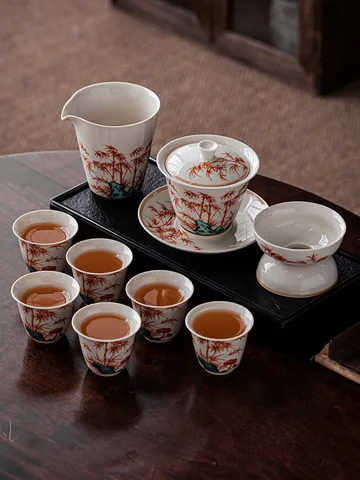 Retro Chinese Ceramic Kung Fu Tea Set Alum Red Bamboo Pattern Gaiwan Fair Cup Tea Strainer Cups Set With Gift Box Luxury Office Home Teaware