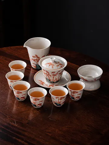Retro Chinese Ceramic Kung Fu Tea Set Alum Red Bamboo Pattern Gaiwan Fair Cup Tea Strainer Cups Set With Gift Box Luxury Office Home Teaware