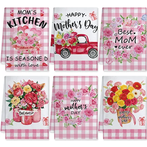 Strofinaccio da Cucina Festa della Mamma Quadri Rosa Stampa Floreale Panno Assorbente Regalo Festivo Asciugamano Mani Casa