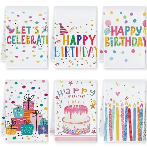 Asciugamano da Cucina Buon Compleanno Pois Colorati Torta Stampa Asciugamano Assorbente Festa di Compleanno Regalo Decorativo
