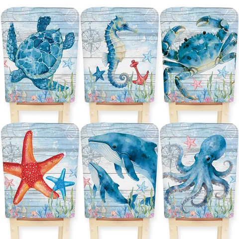 Fundas para Sillas Estampado de Vida Marina de Acuarela Funda Elástica de Poliéster para Decoración del Hogar