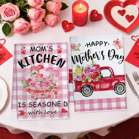 Strofinaccio da Cucina Festa della Mamma Quadri Rosa Stampa Floreale Panno Assorbente Regalo Festivo Asciugamano Mani Casa