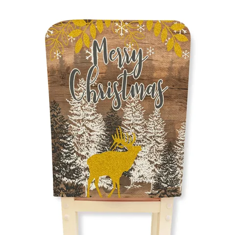 Retro Christmas Chair Cover Elk Wood Grain Plaid Holiday Home Restaurant Hotel Decorative Back Cover Polyester